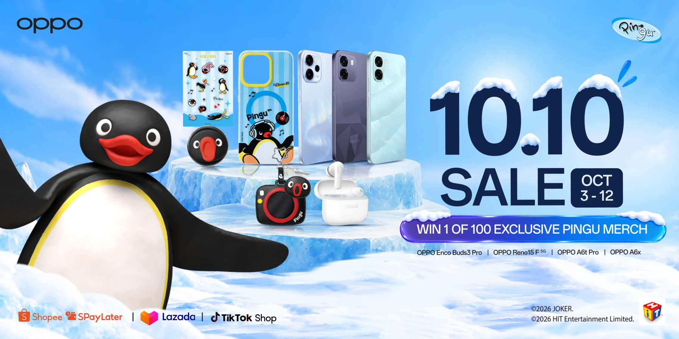 Oppo's 10.10 sale banner with Pingu, Oppo phones, a Pingu case, earbuds and merch on an ice podium